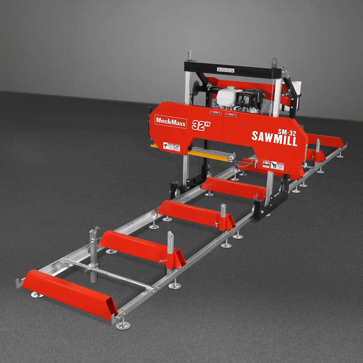 32" Portable Sawmill (5 x Blades Included),  HONDA GX390 389cc E-Start Gasoline Engine,  26.5" Board Width,  20' Track Length (13' Track Length + 6.4' Track Extension Included) ,  SM-32
