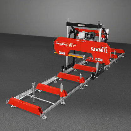 32" Portable Sawmill (5 x Blades Included),  HONDA GX390 389cc E-Start Gasoline Engine,  26.5" Board Width,  20' Track Length (13' Track Length + 6.4' Track Extension Included) ,  SM-32