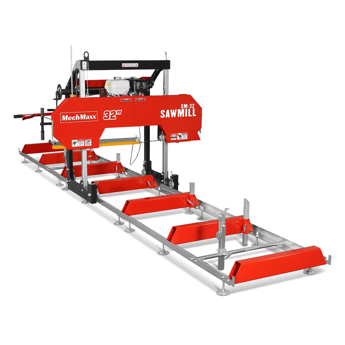 32" Portable Sawmill (5 x Blades Included),  HONDA GX390 389cc E-Start Gasoline Engine,  26.5" Board Width,  20' Track Length (13' Track Length + 6.4' Track Extension Included) ,  SM-32