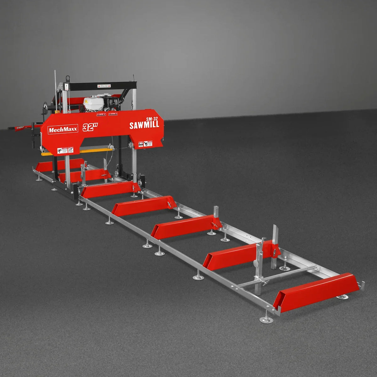 32" Portable Sawmill (5 x Blades Included),  HONDA GX390 389cc E-Start Gasoline Engine,  26.5" Board Width,  20' Track Length (13' Track Length + 6.4' Track Extension Included) ,  SM-32