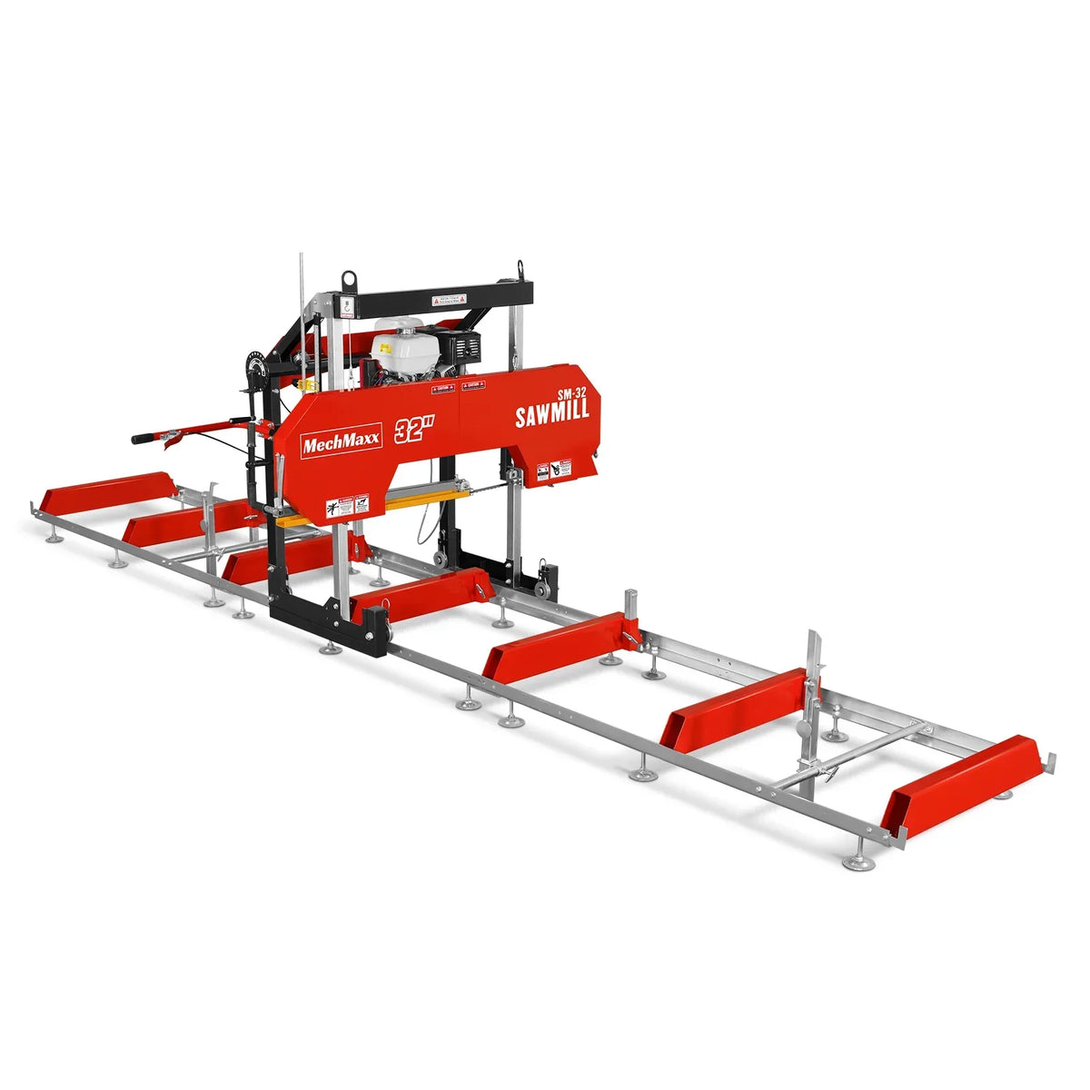 32" Portable Sawmill (5 x Blades Included),  HONDA GX390 389cc E-Start Gasoline Engine,  26.5" Board Width,  20' Track Length (13' Track Length + 6.4' Track Extension Included) ,  SM-32