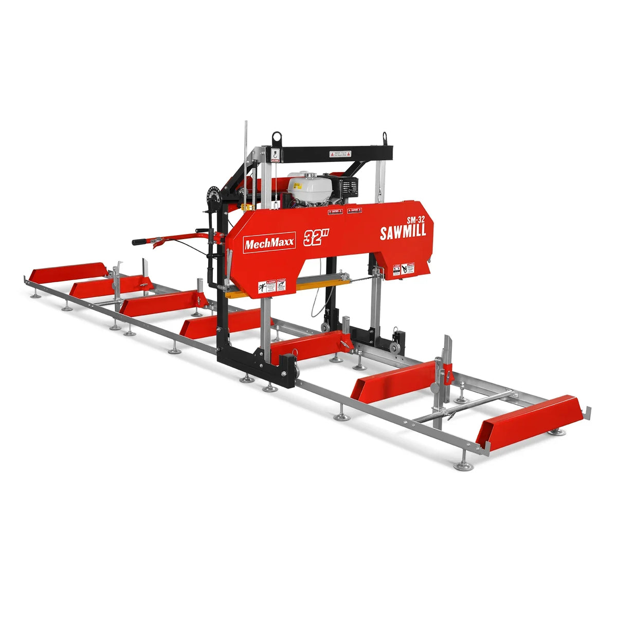 32" Portable Sawmill (5 x Blades Included),  HONDA GX390 389cc E-Start Gasoline Engine,  26.5" Board Width,  20' Track Length (13' Track Length + 6.4' Track Extension Included) ,  SM-32