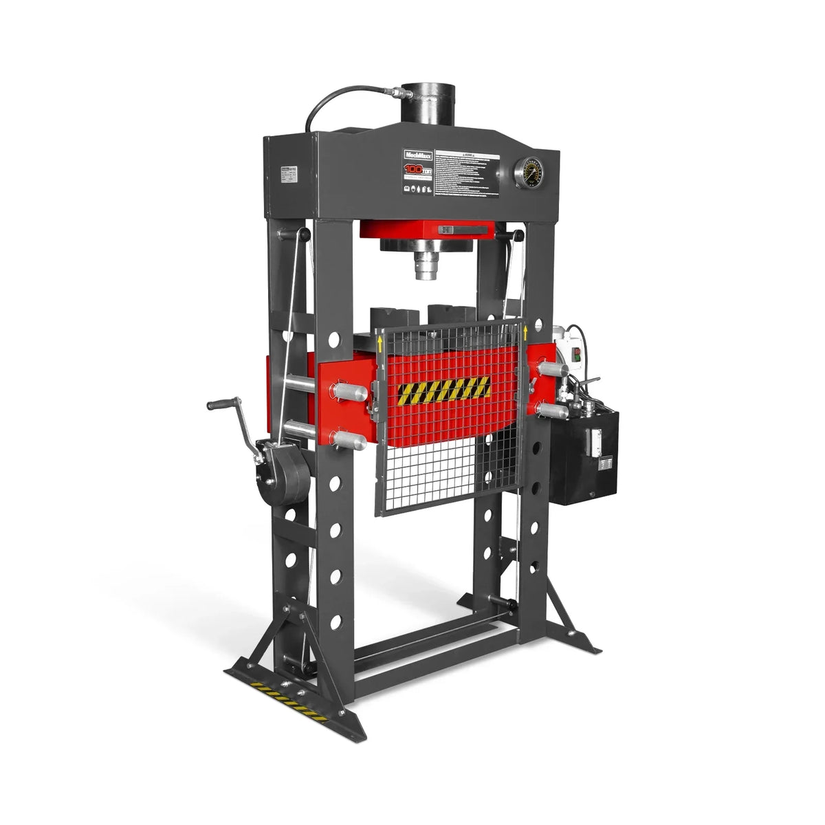 100 Ton H-Frame Electric Hydraulic Shop Press with Hand Winch, 110V Motor, Fully Welded Steel Frame, Safety Guard, HSP100E