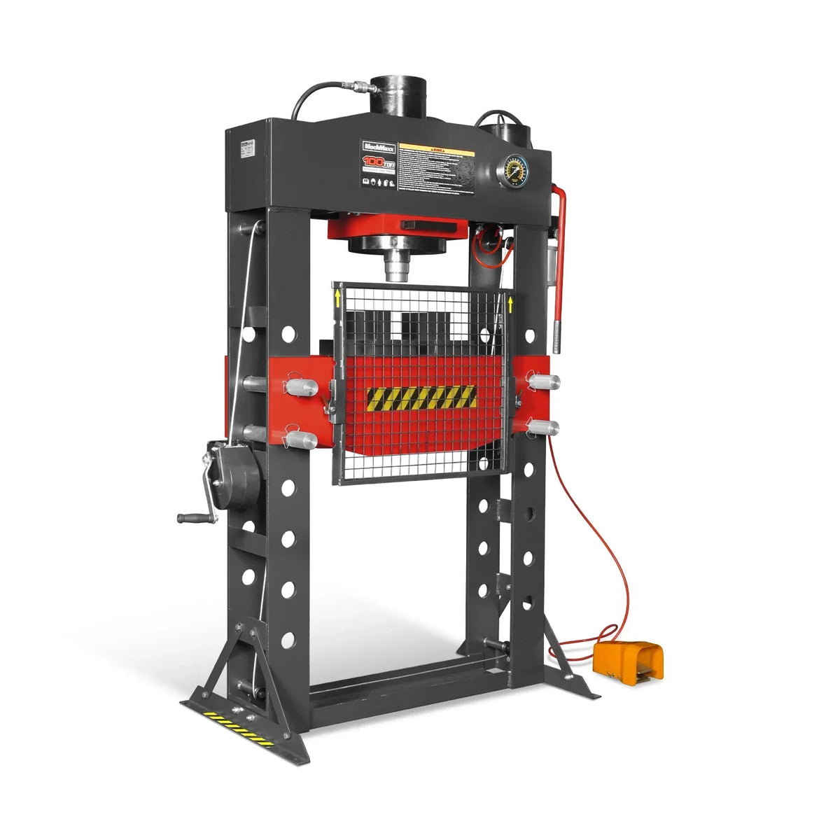 100 Ton H-Frame Air/Hydraulic Shop Press with Hand Winch,  Fully Welded Steel Frame,  Safety Guard,  Foot Pedal Control,  HSP100