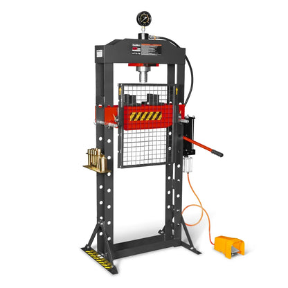 20 Ton H-Frame Air/Hydraulic Shop Press with Press Pin Kit, Fully Welded Steel Frame, Safety Guard, Foot Pedal Control, HSP20