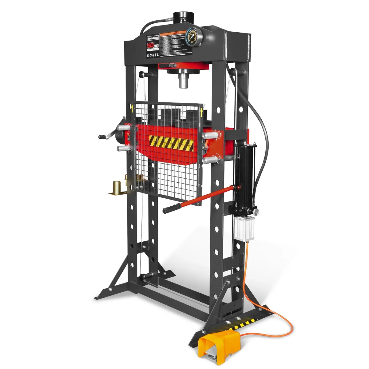 50 Ton H-Frame Air/Hydraulic Shop Press with Hand Winch & Press Pin Kit,  Fully Welded Steel Frame,  Safety Guard,  Foot Pedal Control,  HSP50