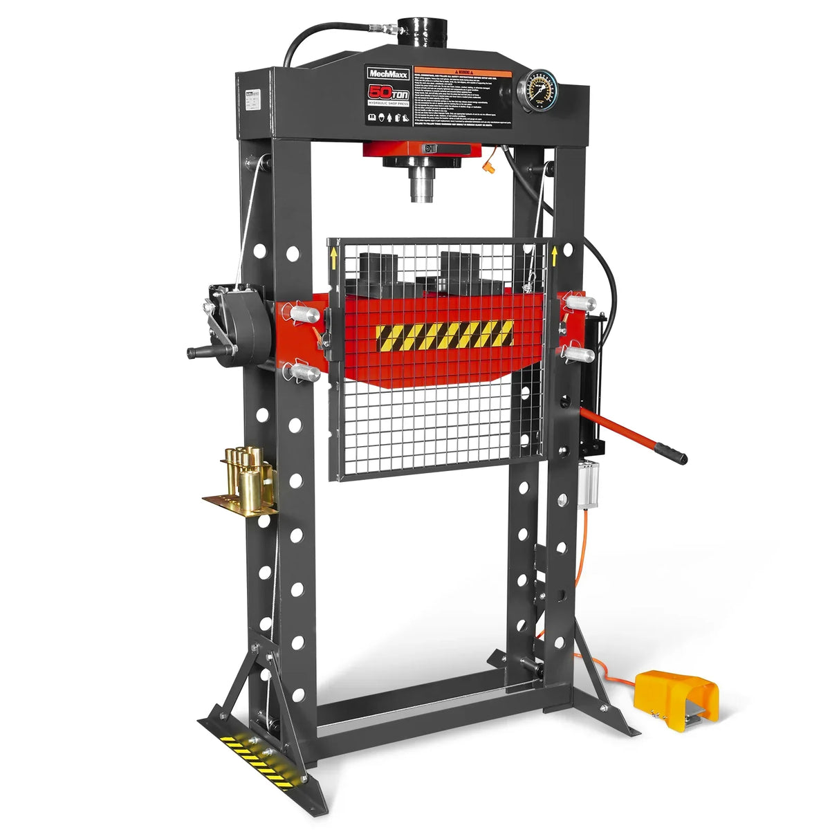 50 Ton H-Frame Air/Hydraulic Shop Press with Hand Winch & Press Pin Kit,  Fully Welded Steel Frame,  Safety Guard,  Foot Pedal Control,  HSP50