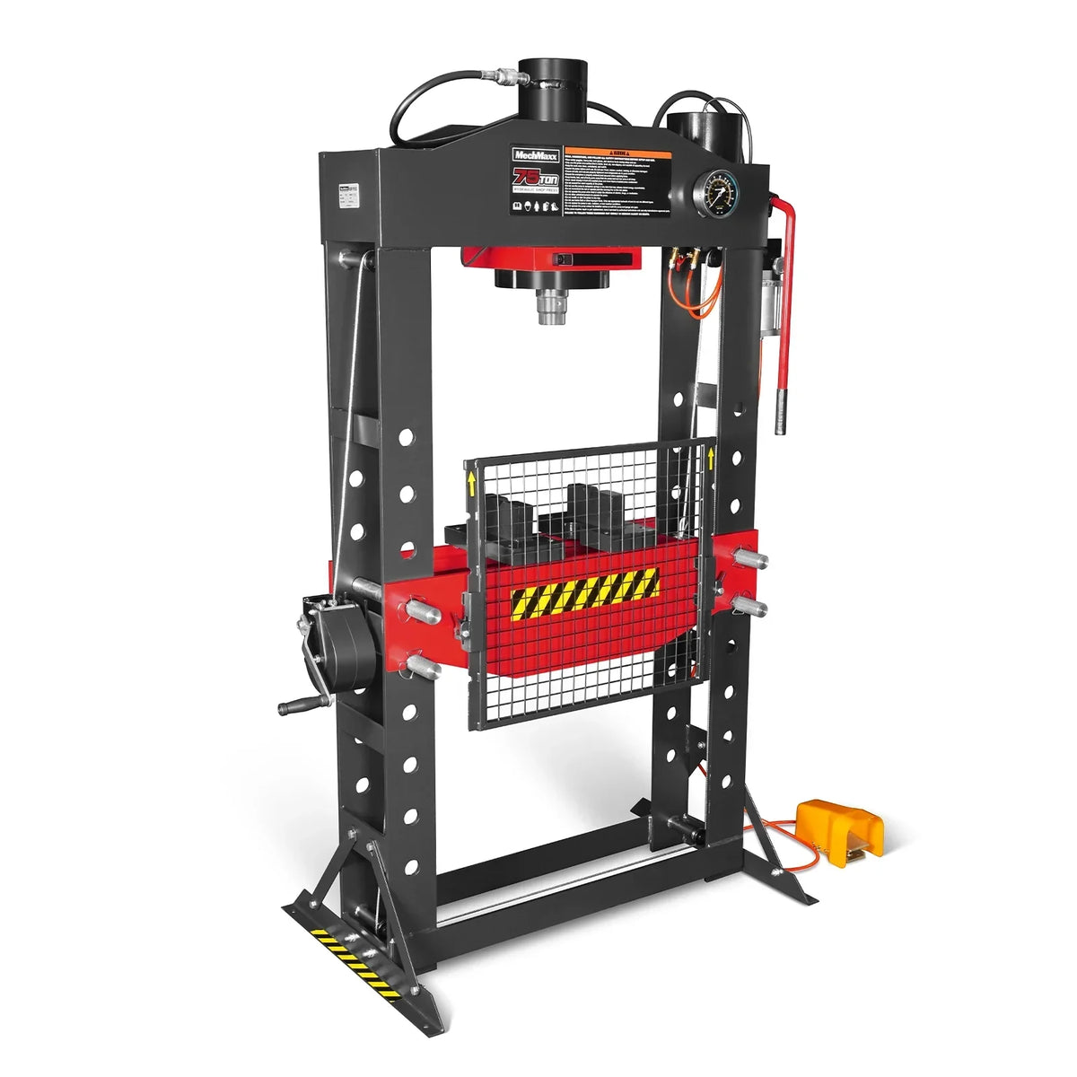 75 Ton H-Frame Air/Hydraulic Shop Press with Hand Winch,  Fully Welded Steel Frame,  Safety Guard,  Foot Pedal Control,  HSP75