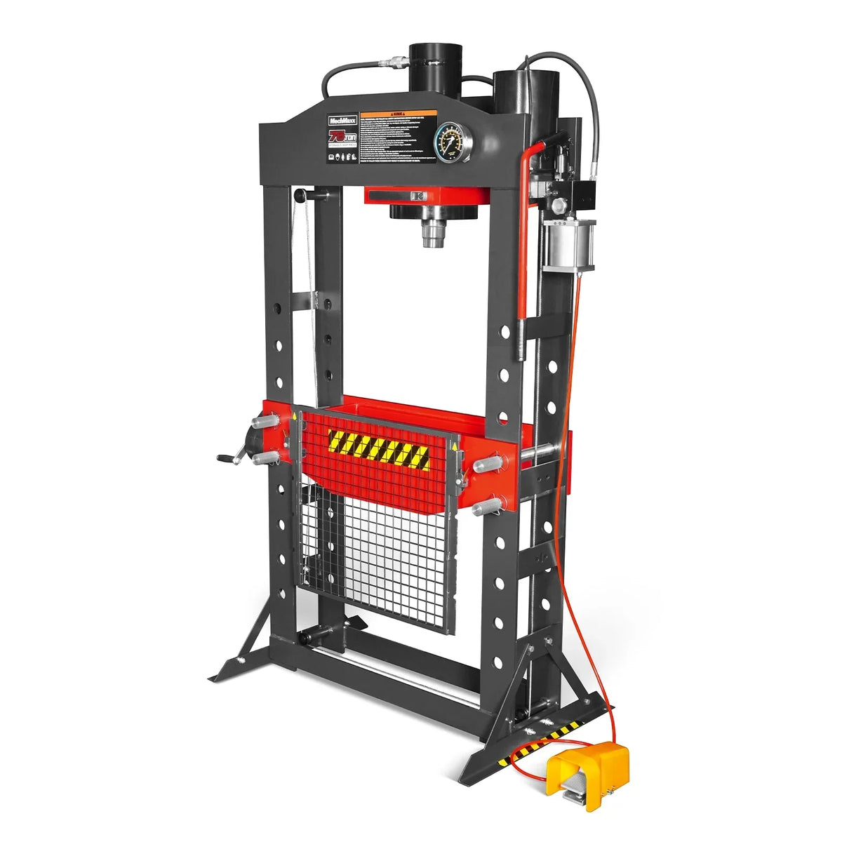 75 Ton H-Frame Air/Hydraulic Shop Press with Hand Winch,  Fully Welded Steel Frame,  Safety Guard,  Foot Pedal Control,  HSP75