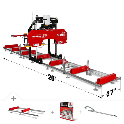 26" Portable Sawmill (5x Blades Included),  459cc 15HP E-Start Gasoline Engine,  20" Board Width,  20' Track Length (13' Track Length + 6.4' Track Extension Included) ,  SM-26