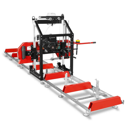 26" Portable Sawmill (5x Blades Included),  459cc 15HP E-Start Gasoline Engine,  20" Board Width,  20' Track Length (13' Track Length + 6.4' Track Extension Included) ,  SM-26