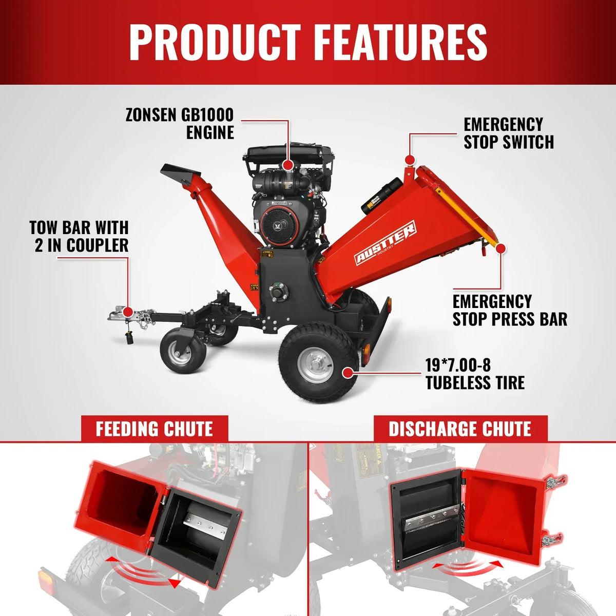 3-Point PTO Stump Grinder & 8 inch ZONSEN E-Start 1000cc 35hp Gas Powered Wood Chipper Bundle, SG24 & B200