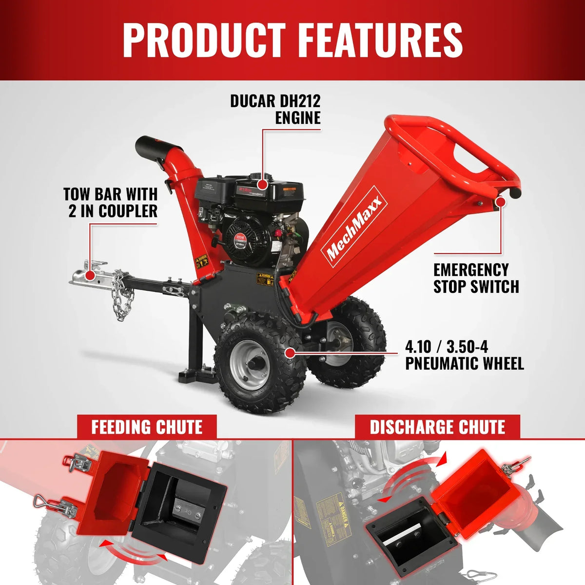 4 inch DUCAR 212cc 7hp Gas Engine Powered Wood Chipper with Towbar,  GS650