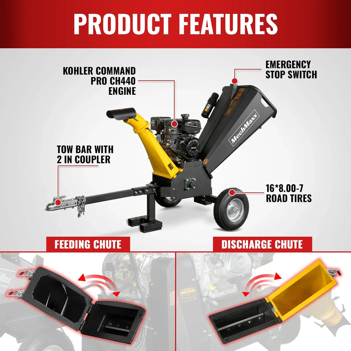 5 inch E-start KOHLER 429cc Gasoline Engine Powered Wood Chipper,  GS1500