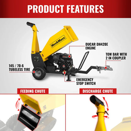 5 inch E-start DUCAR 420cc 15hp Gasoline Engine Powered Drum Wood Chipper with Towbar ,  PGS1500