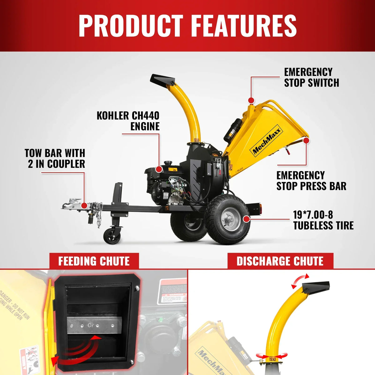 5 inch E-Start KOHLER 429cc 14hp Gasoline Engine Powered Disc Wood Chipper with Taillight ,  P4205