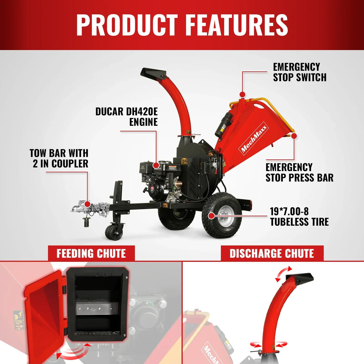 5 inch E-start DUCAR 420cc 15hp Gasoline Engine Powered Disc Wood Chipper with Taillight ,  P4205