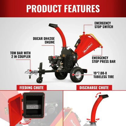 5 inch E-start DUCAR 420cc 15hp Gasoline Engine Powered Disc Wood Chipper with Taillight ,  P4205