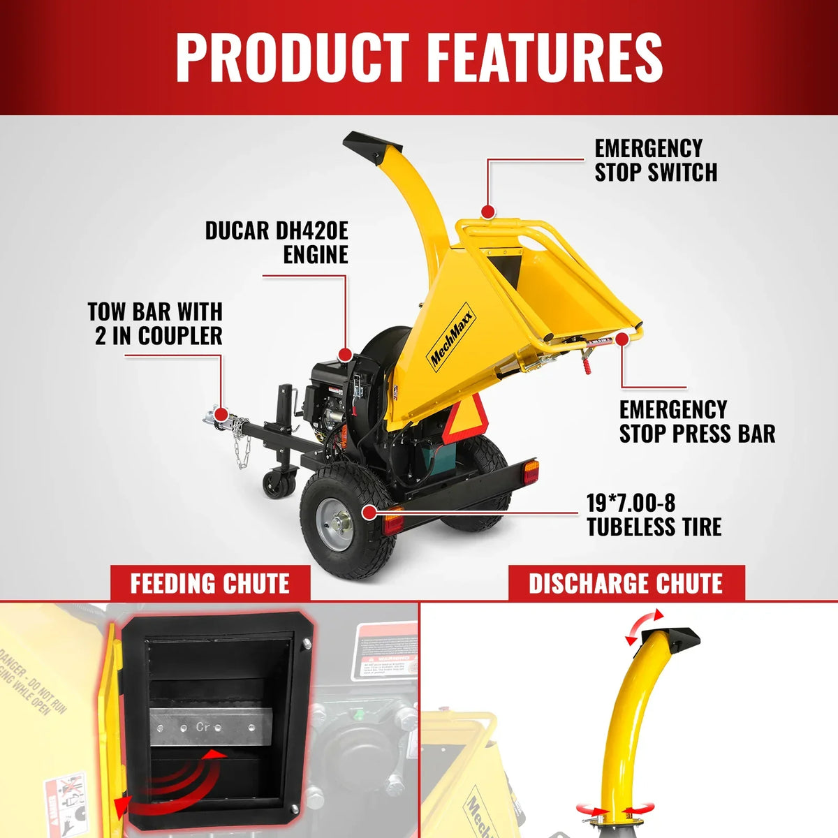 5 inch E-start DUCAR 420cc 15hp Gasoline Engine Powered Disc Wood Chipper with Taillight ,  P4205