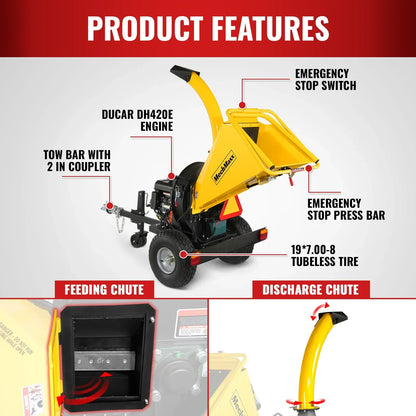 5 inch E-start DUCAR 420cc 15hp Gasoline Engine Powered Disc Wood Chipper with Taillight ,  P4205