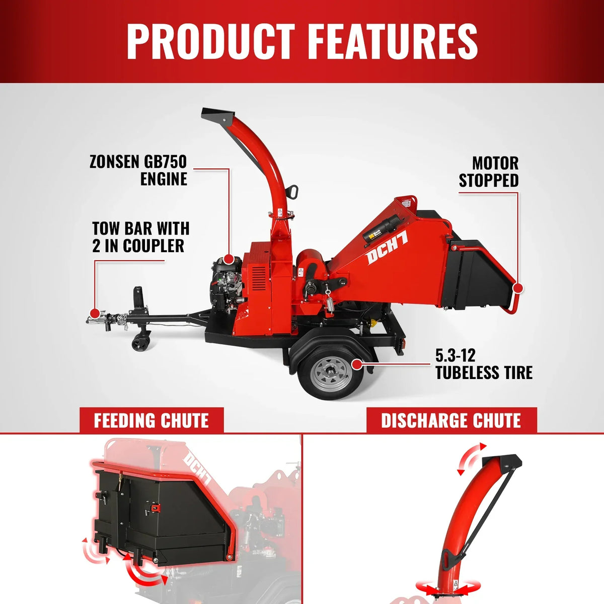 25hp 750cc Twin Cylinder ZONSEN Petrol Engine 7" Hydraulic Feeding Commerical Wood Chipper,  DCH7