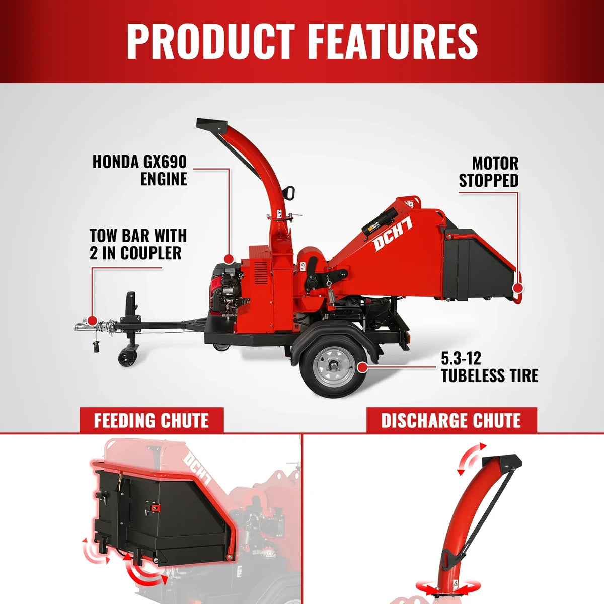 HONDA GX690 22HP 688cc Twin Cylinder Gasoline Engine Powered 7" Hydraulic Feeding Commerical Wood Chipper,  DCH7