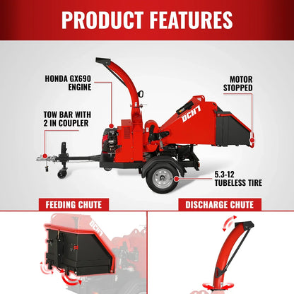 HONDA GX690 22HP 688cc Twin Cylinder Gasoline Engine Powered 7" Hydraulic Feeding Commerical Wood Chipper,  DCH7