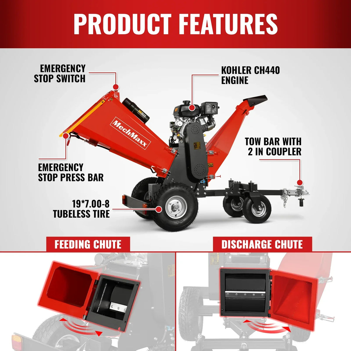 6 inch KOHLER E-Start 429cc 14HP Gas Powered 4 - Wheel Drum Wood Chipper with Taillight ,  B150