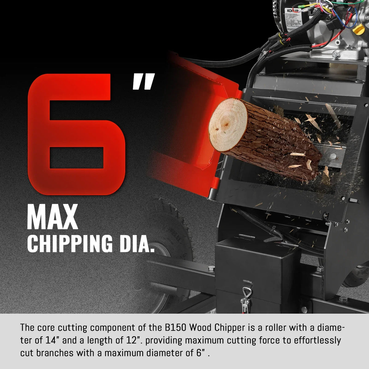 6 inch KOHLER E-Start 429cc 14HP Gas Powered 4 - Wheel Drum Wood Chipper with Taillight ,  B150