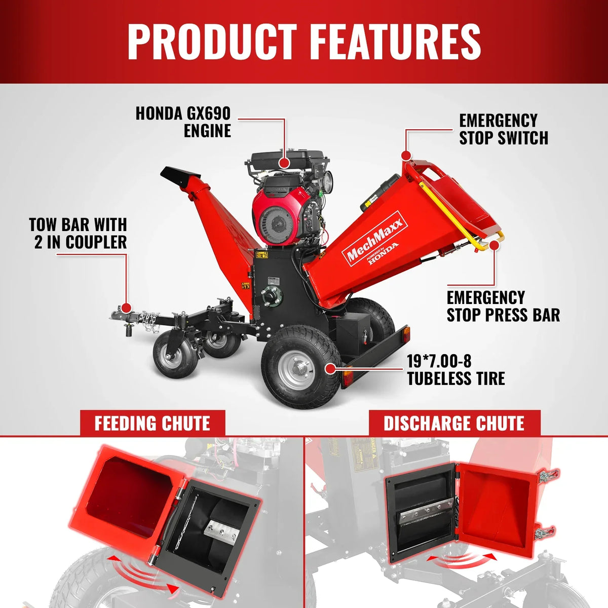 8 inch HONDA E-Start 688cc 22hp Gas Powered 4 - Wheel Drum Wood Chipper with Taillight ,  B200
