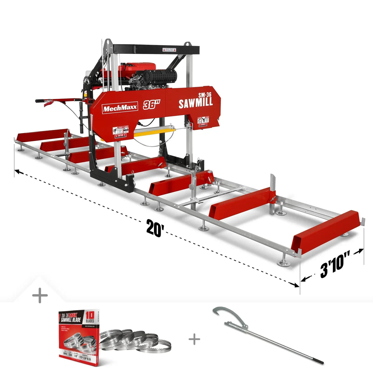 36" MAX Portable Sawmill,  25HP 750cc ZONSEN V-Twin Engine,  36" Board Width,  20' Track Length,  (10 x Blades Included),  SM-36MAX
